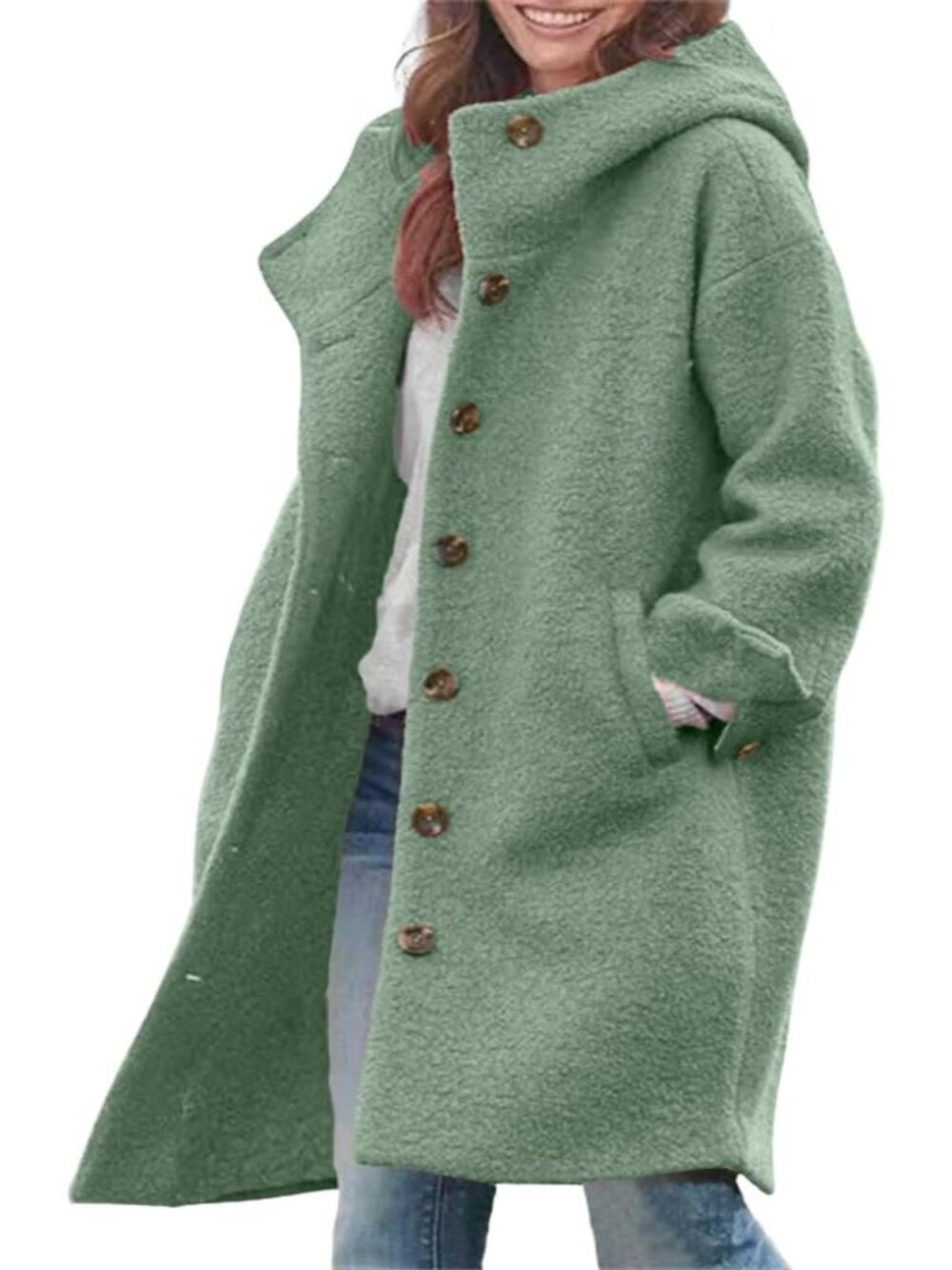 〽️Women's Green Hooded Long Wool Coat Button Down Loose Fit Winter Outerwear